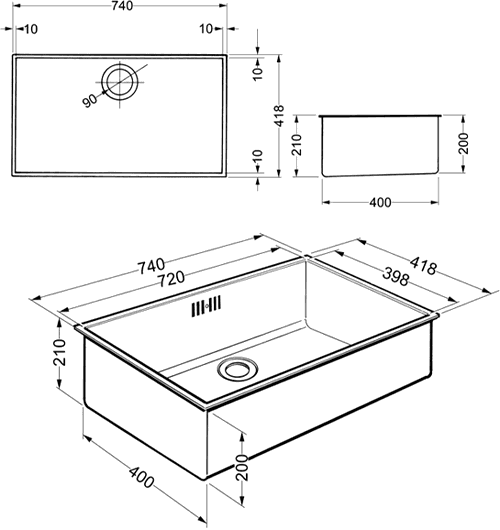 1.0 Bowl Stainless Steel Undermount Kitchen Sink.  720x400mm. additional image