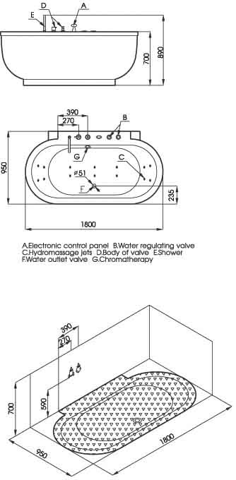 Freestanding Back to Wall Whirlpool Bath. 1800x950mm. additional image