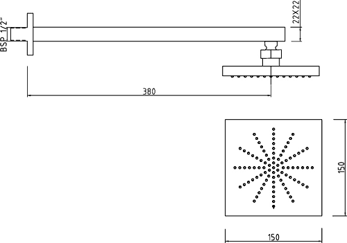 Minimalist Square Fixed Shower Head And Arm 150mm x 150mm. additional image