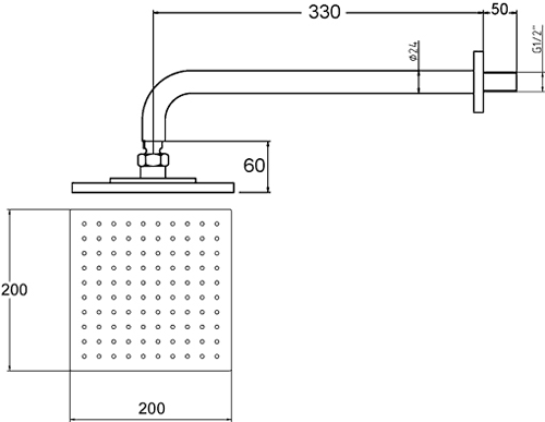 Ultra thin square fixed shower head and arm. 200mm. additional image