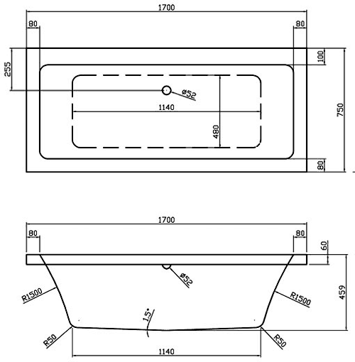 Double Ended Acrylic Bath. 1700x750mm. additional image