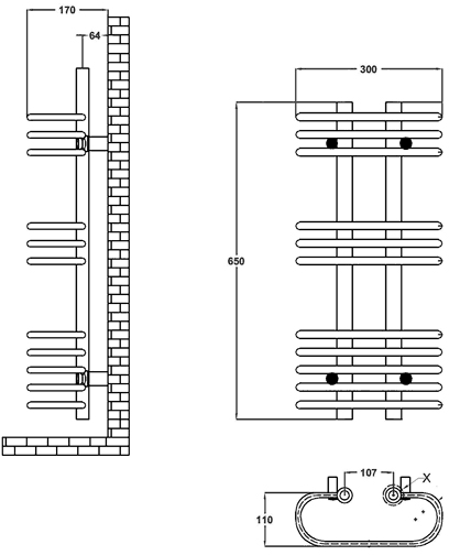 Sway Cloakroom Heated Towel Rail (Chrome). 300x650mm additional image