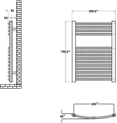 Curved Heated Towel Rail (Chrome). 500x700mm. 737 BTU. additional image