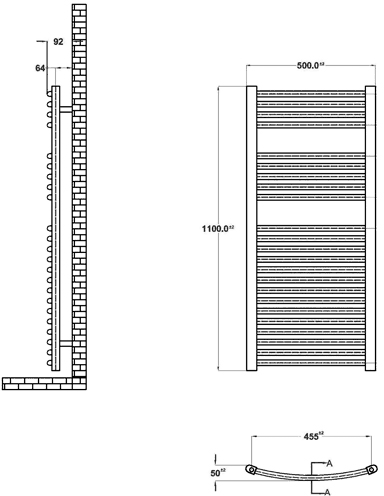 Curved Heated Towel Rail (Chrome). 500x1100mm. 1222 BTU. additional image