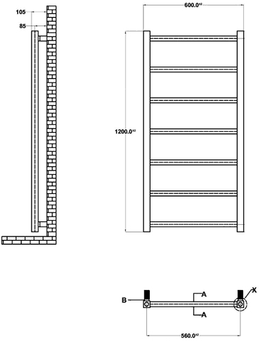 Eton Bathroom Radiator (Chrome). 600x1200mm. additional image