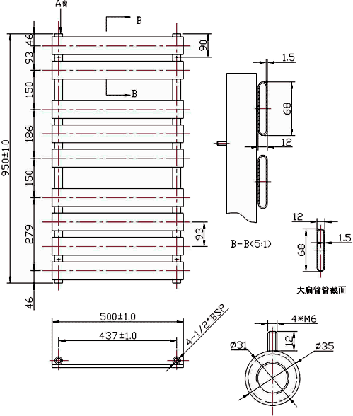 Heated Towel Rail (Chrome). 500x950mm. 1078 BTU. additional image