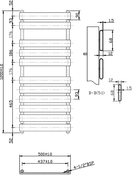 Heated Towel Rail (Chrome). 500x1200mm. 1582 BTU. additional image