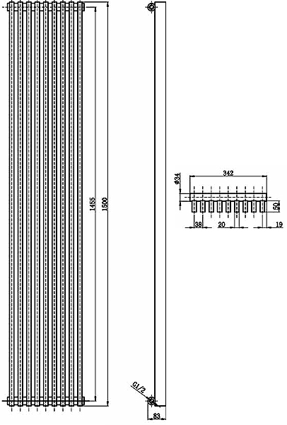 Parallel Designer Radiator (Anthracite). 342x1500mm. additional image