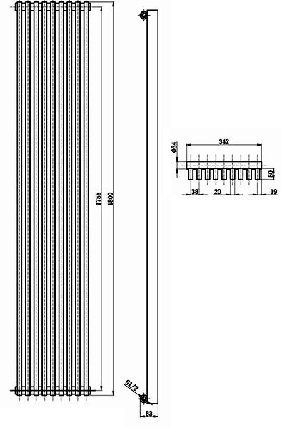 Parallel Designer Radiator (Black). 342x1800mm. additional image