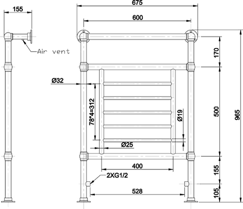 Dorchester Heated Towel Rail (Chrome). 675x965mm. additional image