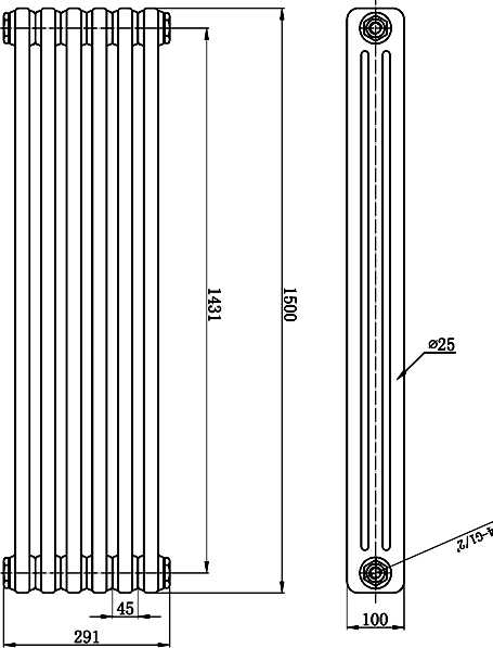 3 Column Vertical Radiator (White). 291x1500mm. additional image