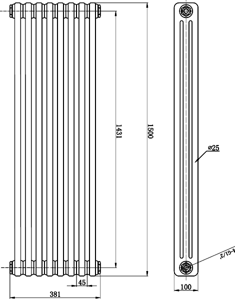 3 Column Vertical Radiator (White). 381x1500mm. additional image