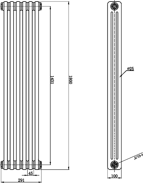 3 Column Vertical Radiator (White). 291x1800mm. additional image