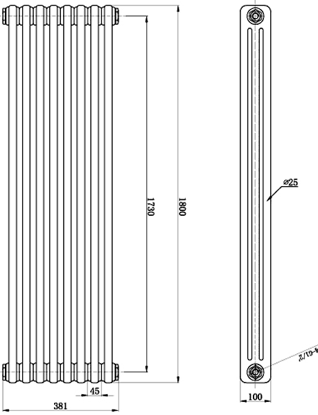 3 Column Vertical Radiator (White). 381x1800mm. additional image