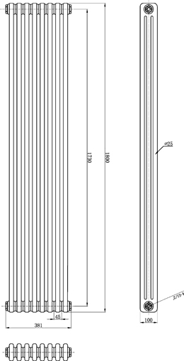 Triple Column Radiator (Black). 381x1800mm. additional image