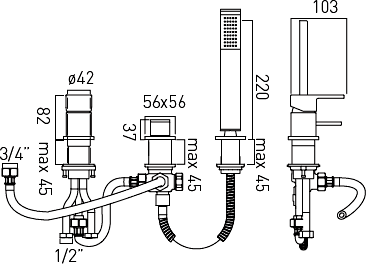 3 Tap Hole Bath Shower Mixer With Shower Kit (No Spout). additional image