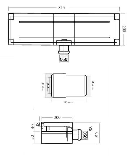 Stainless Steel Wetroom Tile Channel With Side Outlet. 815mm. additional image